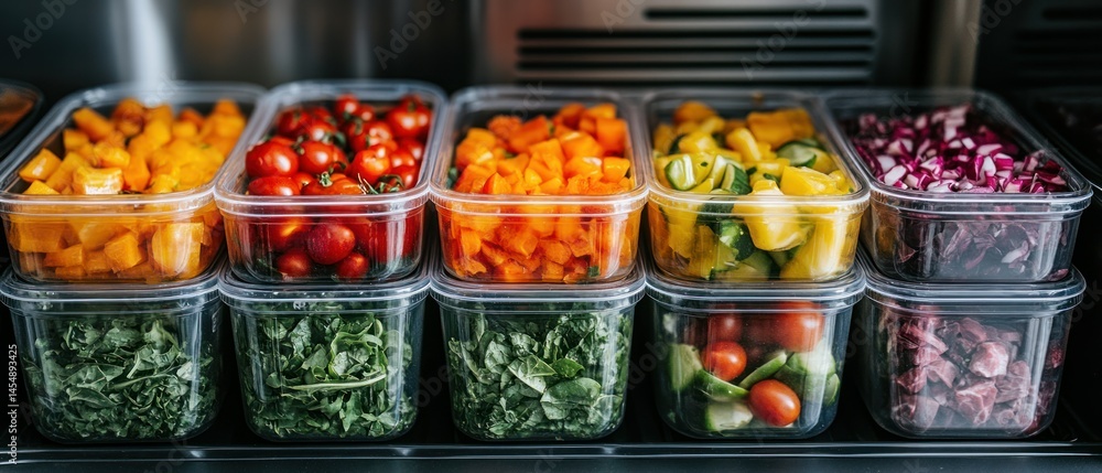 Prepared vegetables show organization in clear plastic containers, representing food storage and dietary diversity. Prepared vegetables show organization in clear plastic containers, representing food storage and dietary diversity.