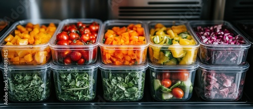 Prepared vegetables show organization in clear plastic containers, representing food storage and dietary diversity.