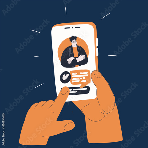 Cartoon vector illustration of a hand holding a smartphone with a messenger app open, like a digital bridge connecting friends across distances against dark background