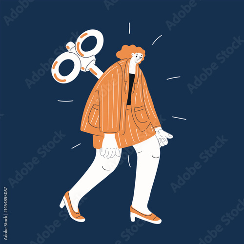 Cartoon vector illustration of an exhausted woman with a wind-up key on her back, like a drained machine running on empty against dark background