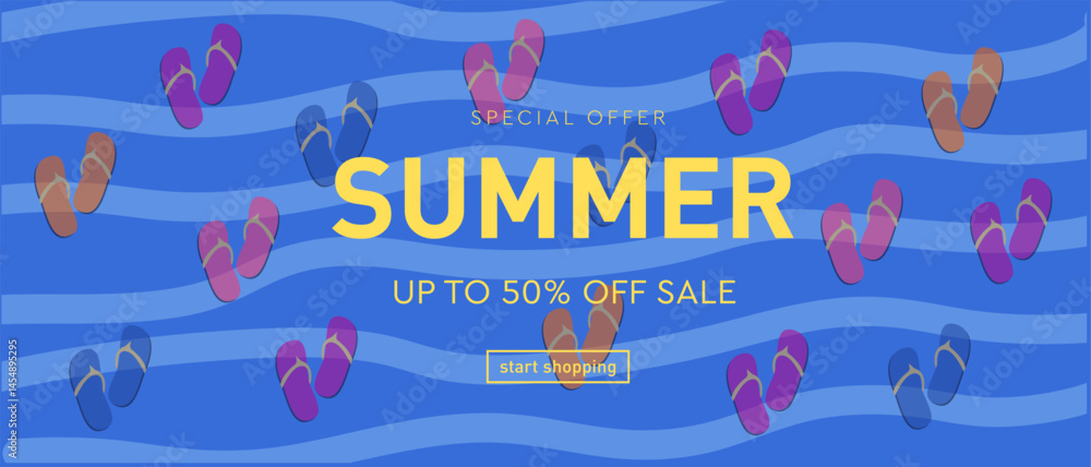 Obraz premium Summer Beach Banner with Flip Flops and Water Waves – Vacation Vector Design