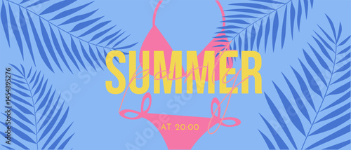 Tropical Summer Fashion Banner with Bikini and Palm Leaves. Beachwear Vector Ad