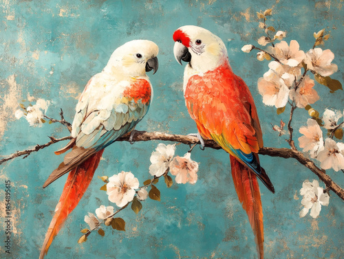 Pair of Vibrant Scarlet Macaw Parrots Perched on Blooming Tree Branch - Tropical Birds Painting