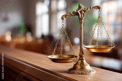 Elegant brass scales of justice positioned on polished wooden surface in a serene legal environment symbolizing fairness and balance in the pursuit of truth and justice