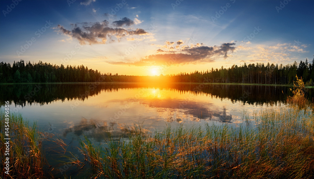 beautiful sunset on the lake with a reflection on the water surface lake in the forest beautiful sunset on the lake with a reflection on the water surface lake in the forest