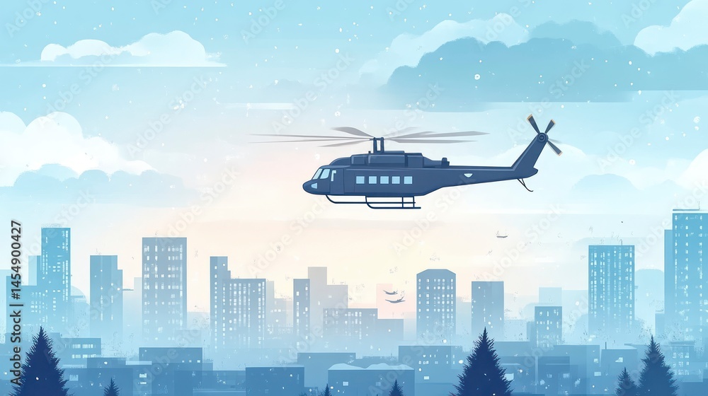 Helicopter Hovering Over Urban Skyline in Snowy Weather Winter Cityscape with Flying Aircraft Helicopter Hovering Over Urban Skyline in Snowy Weather Winter Cityscape with Flying Aircraft