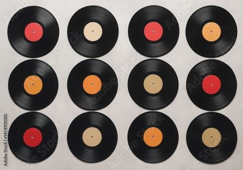 Grid of vinyl records with colorful labels on neutral background

