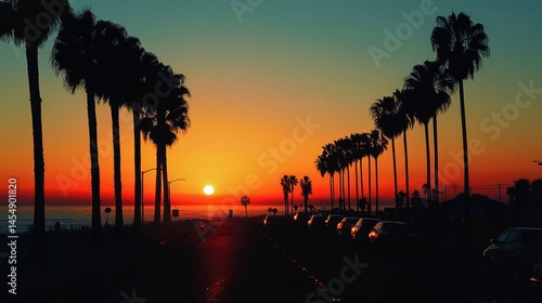 Silhouette of Long Beach: California Sunset with Palm Trees and Highway in the Background