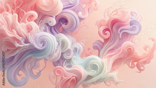 Pink and white clouds twist in an elegant dance. Whimsical and surreal, the forms drift like silk in a dreamlike sky. Generative AI.