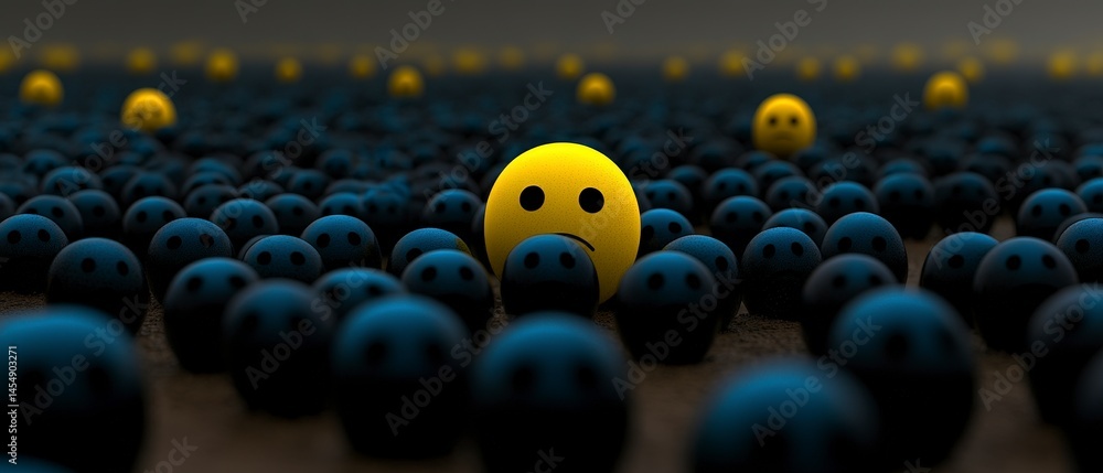 Obraz premium Sad Smiley Face Among Many Gloomy Emojis Digital Art 3D Rendering Concept Image
