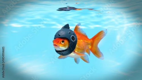 Goldfish with astronaut helmet in water against bright blue background