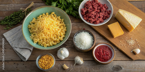 Aerial view of cooking ingredients on a rustic wooden table