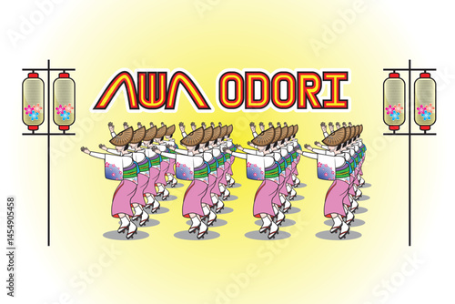 Awa Odori traditional Japan dance festival with group of Japanese woman dress in Kimono Yukata and Amigasa or straw hat background with Japan style lantern drawing in colourful cartoon vector