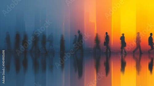 Silhouettes of people walking across abstract cityscape with blue and orange light.