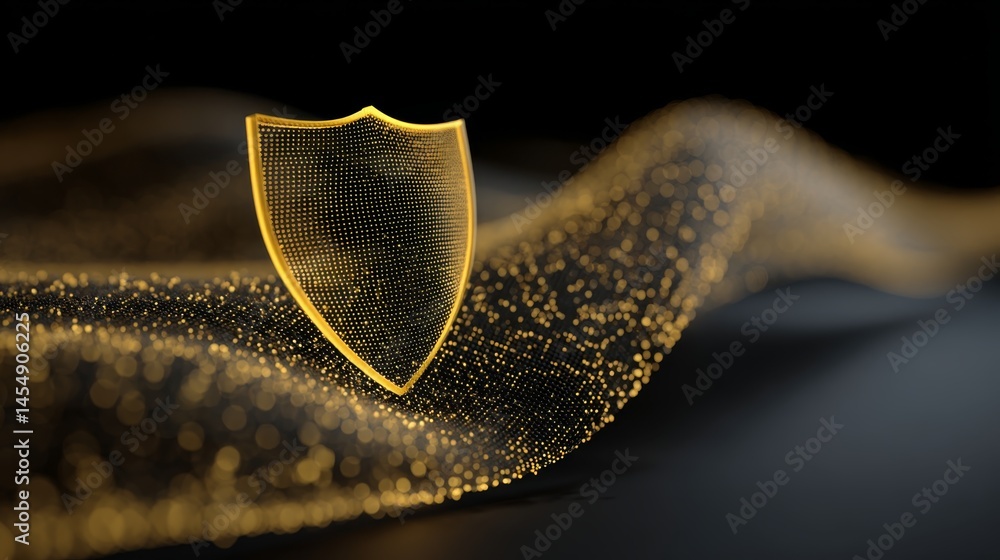 Fototapeta premium Golden shield made of dots on abstract digital wave background symbolizing cyber security.