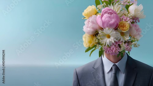 A whimsical man in a suit with a flower bouquet head
