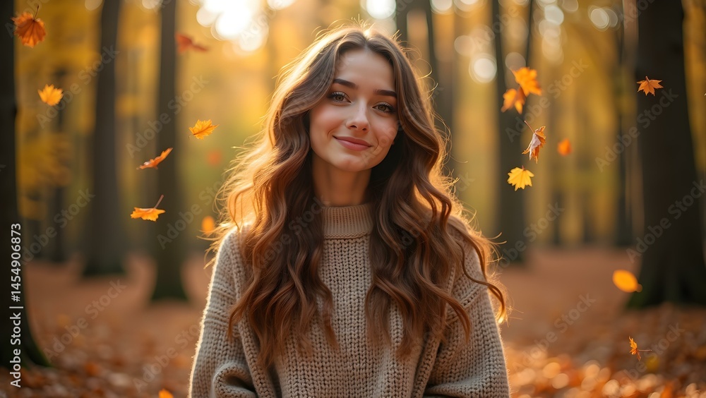 Young Woman in a Cozy Sweater Enjoying Autumn in a Golden Forest