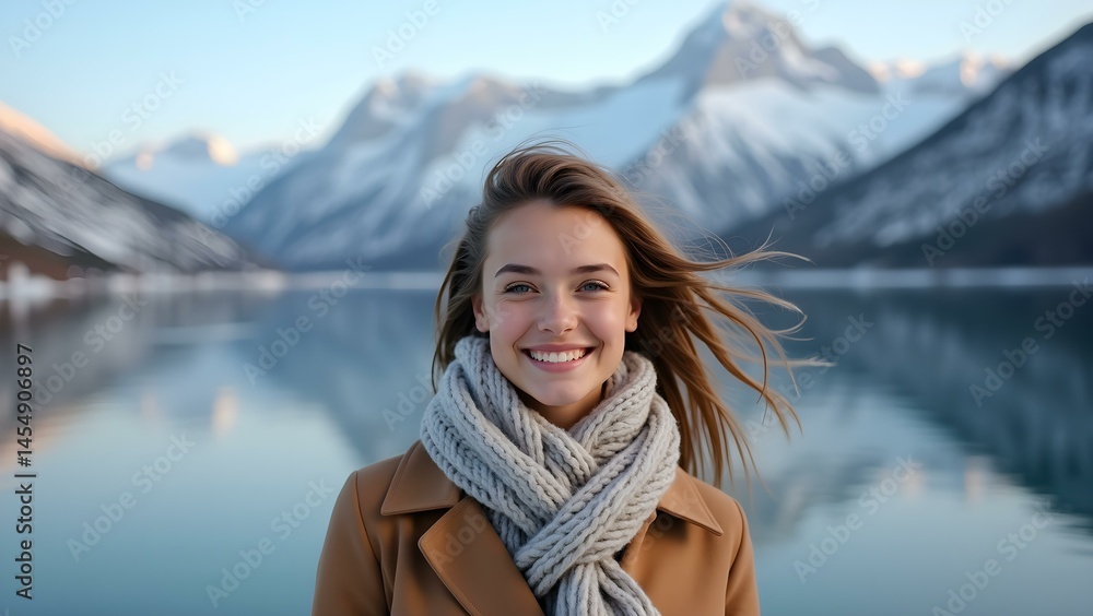 Young Woman by a Snowy Mountain Lake, Wrapped in a Warm Winter Coat