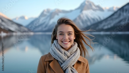 Obraz na płótnie Young Woman by a Snowy Mountain Lake, Wrapped in a Warm Winter Coat w salonie