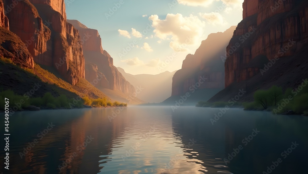 Still Canyon River Mirroring the Sky Amidst Golden-Lit Cliffs