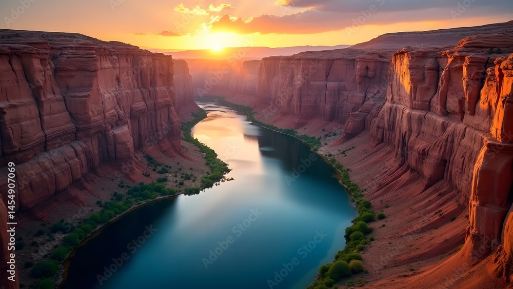 Aerial View of a Winding Canyon River Reflecting the Sunset Sky