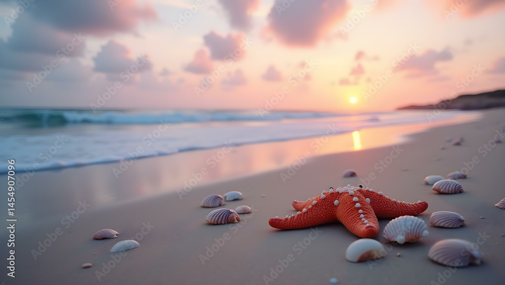 Soft Morning Light on a Beach with Seashells and a Resting Starfish