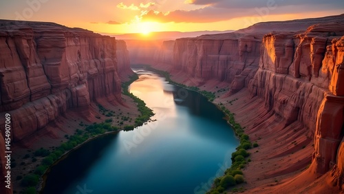 Obraz na płótnie Aerial View of a Winding Canyon River Reflecting the Sunset Sky w salonie