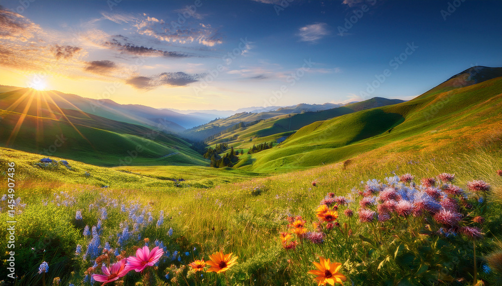 Obraz premium a vibrant landscape filled with colorful wildflowers and gently rolling hillsides