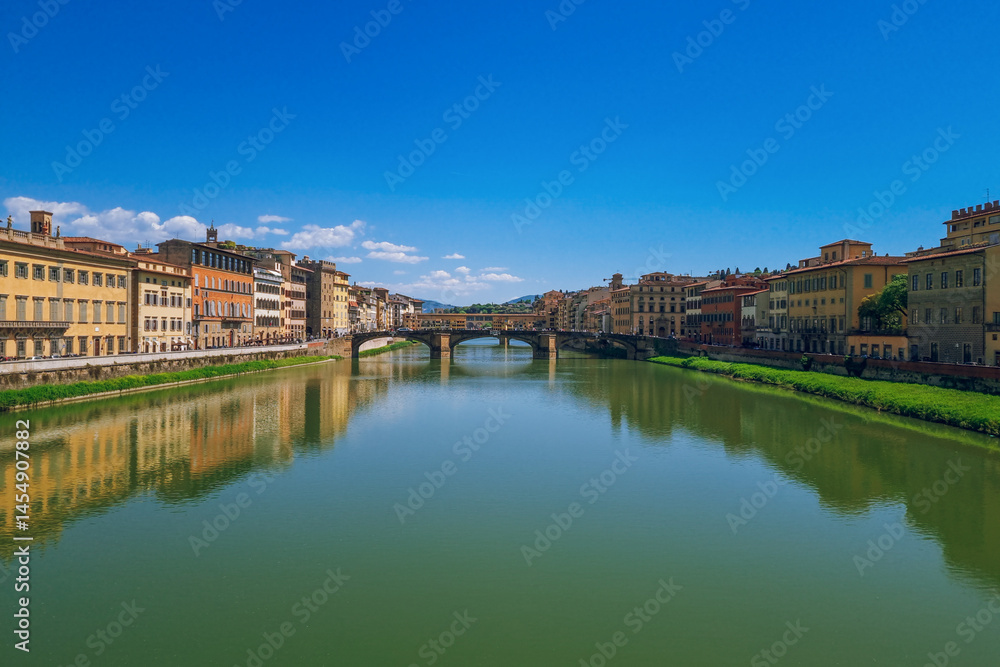 Panoramic river view to Ponte Santa Trinita and Ponte Vecchio, FLorence, Italy Panoramic river view to Ponte Santa Trinita and Ponte Vecchio, FLorence, Italy