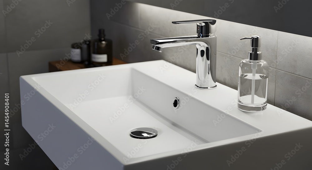 Fototapeta premium Bathroom sink with faucet and soap dispenser