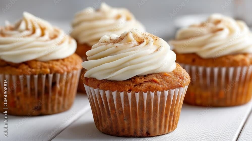 Freshly Baked Carrot Muffins with Creamy Frosting on Rustic Table Freshly Baked Carrot Muffins with Creamy Frosting on Rustic Table