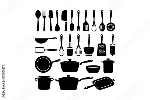 Collection of various kitchen utensils and cookware in black silhouette