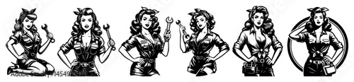 Mechanic Pin-Up Collection – Vintage Grease-Girl Beauties Holding Wrenches, Tough Retro Vector Set