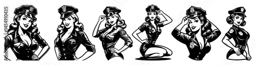 Pin-Up Police Squad – Six Retro Lady Officers in Flirty Uniforms, Bold Black-Line Vector Set
