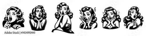 set of scared and shocked vintage pinup women in expressive emotional poses, black and white vector