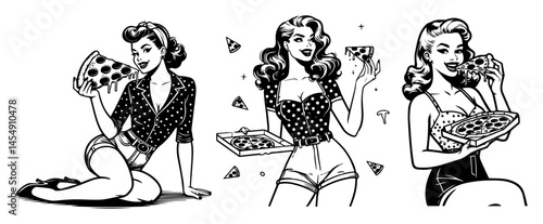 Pizza Lovers Pin-Up Trio – Vintage Girls Enjoying Cheesy Slices, Fun Retro Vector Illustration