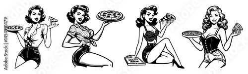 pin-up girls presenting pizza in various poses, retro cartoon illustration combining food and femininity