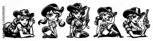 retro-style black and white vector of pin-up cowgirls posing with hats and revolvers