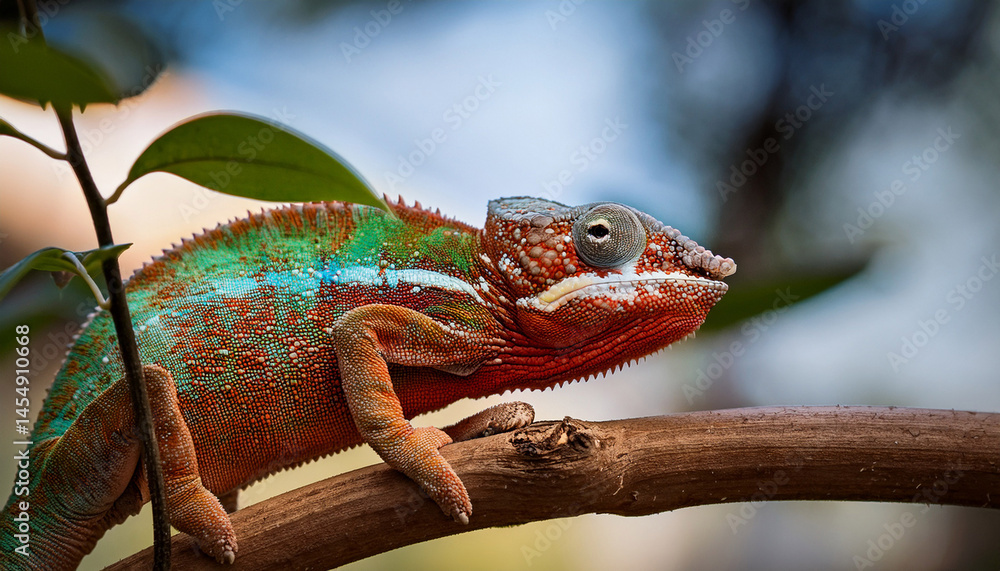 Fototapeta premium chameleon on a tree branch in the wild