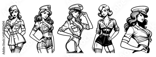 five retro pin-up women in uniform, black and white vintage military style vector illustration