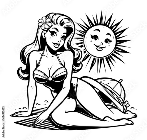 beach pin-up girl with sun – summer retro vector