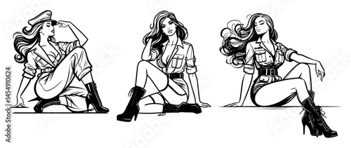 military pin-up girls set – retro army fashion vector