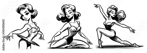Playful Floor Poses – Trio of Retro Pin-Up Girls Kneeling and Stretching, Stylish Vintage Vector Set