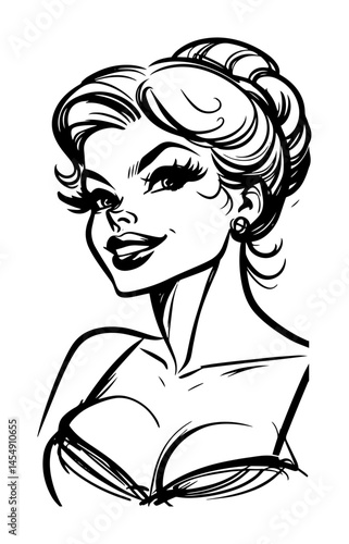 elegant vintage pin-up woman portrait with updo hairstyle in black and white vector