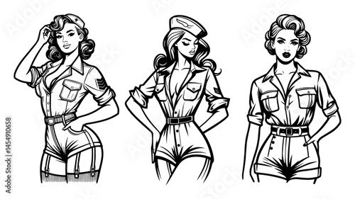 pin-up military girls in vintage uniforms vector
