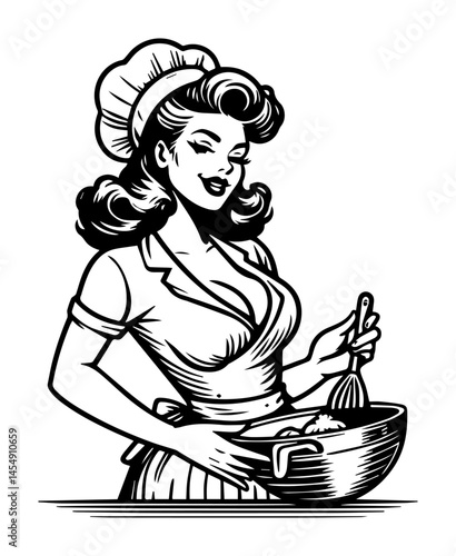 retro housewife mixing in bowl black and white illustration