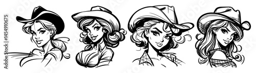 vintage cowgirl pin-up portraits with western hats vector