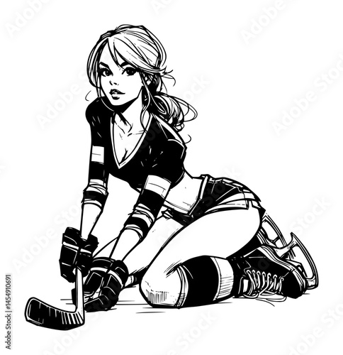 Kneeling Hockey Pin-Up – Seductive Sports Girl Ready for Face-Off, Bold Retro Vector Style