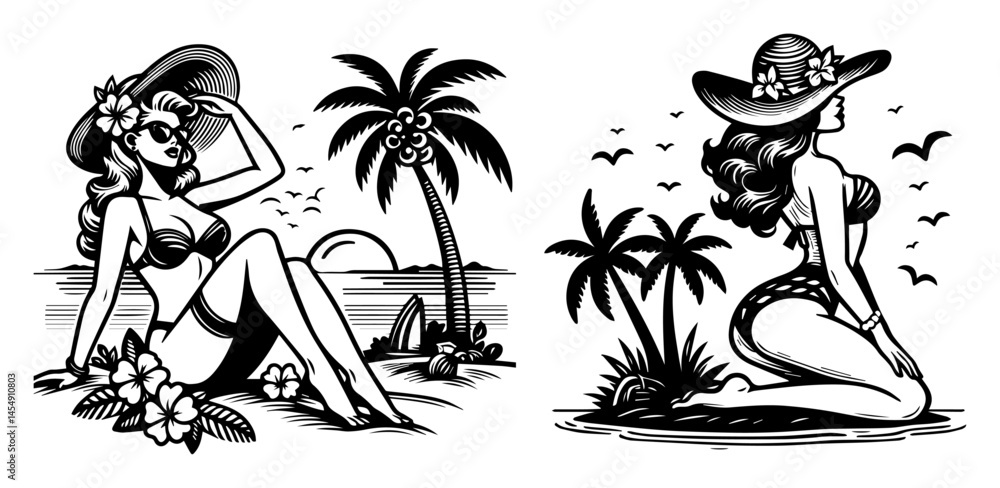 Fototapeta premium tropical pin-up girls on beach, vector