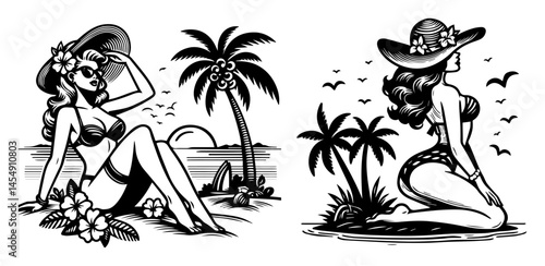 tropical pin-up girls on beach, vector